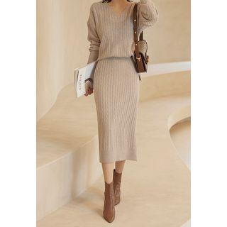 Knit Set: V-neck Top + Long Skirt