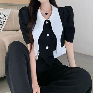 Color-block Blouse / Straight Leg Pants
