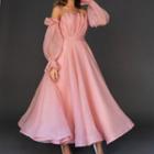 Mesh Off-shoulder Long-sleeve Maxi A-line Dress