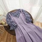Set: Floral Elbow-sleeve T-shirt + Strappy A-line Dress