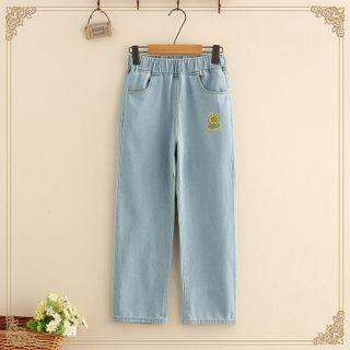 Drawstring Cartoon Embroidered Jeans