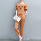 Set: Short-sleeve Ruffle Trim Top + Harem Pants