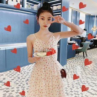 Heart Print Spaghetti Strap Midi Layered Dress