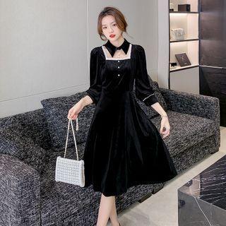 3/4-sleeve Collared Embellished Midi A-line Velour Dress