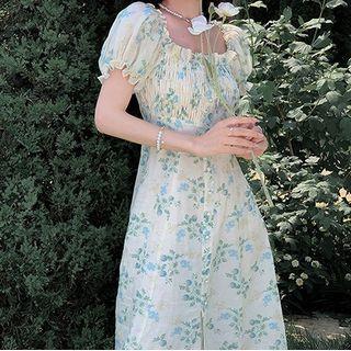 Puff-sleeve Floral Midi A-line Dress / Off-shoulder Cropped Blouse