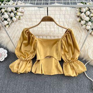 Puff Sleeve Cutout Plain Crop Blouse