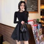 Plain Crewneck Long-sleeve Knit Panel Mesh A-line Dress