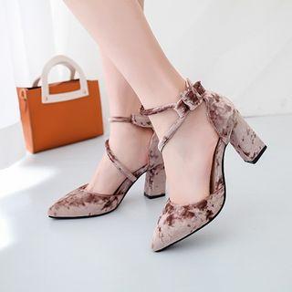 Ankle Strap Pointy Toe Velvet Pumps