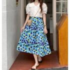 Short-sleeve Collar Blouse / Floral Printed Midi Skirt