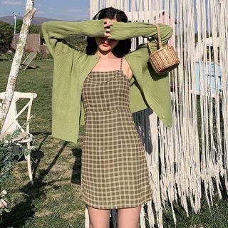 Plaid Spaghetti-strap A-line Mini Dress / Plain Cardigan