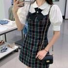 Short-sleeve Shirt / Plaid Mini A-line Skirt / Pinafore Dress