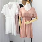 Set: V-neck Short-sleeve A-line Chiffon Dress + Strappy Dress