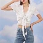 V-neck Puff-sleeve Floral Embroidered Lace-up Top