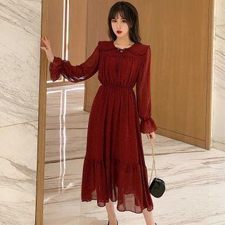 Peter Pan Collar Long Sleeve Dotted Chiffon Dress