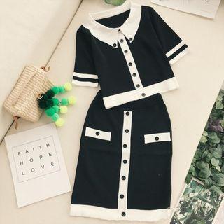Set: Short-sleeve Knit Top + Fitted Knit Skirt