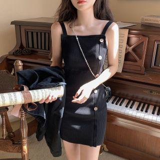 Buttoned Spaghetti Strap Mini Knit Sheath Dress Black - One Size