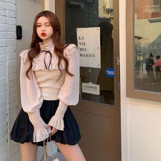 Ruffle Long-sleeve Slim-fit Blouse / Plain Skorts / Pattern Cardigan