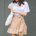 Set: Short-sleeve Lettering Top + Plaid A-line Mini Skirt