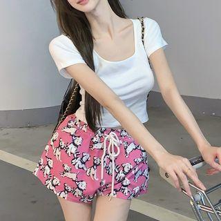 Short-sleeve Plain Cropped T-shirt / Dog Print Shorts