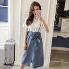 Set: Short-sleeve Top + Spaghetti Strap Midi Denim Skirt