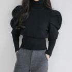 Turtle-neck Balloon-sleeve Knit Top Black - One Size