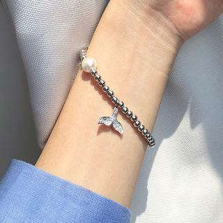 Faux Pearl Rhinestone Whale Tail Bracelet 1 Pc - Silver - One Size