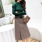 Set: Long-sleeve Knit Top + Midi A-line Skirt