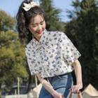 Short-sleeve Butterfly Print T-shirt Blue & White - One Size