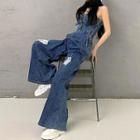 Strapless Distressed Wide Leg Denim Jumpsuit