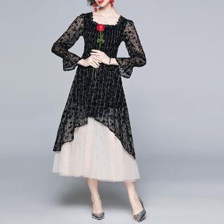 Long-sleeve Floral Mesh Midi A-line Dress