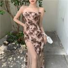 Long-sleeve Print Panel Asymmetrical Maxi Dress