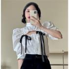 Puff-sleeve Cut-out Ribbon Blouse White - One Size