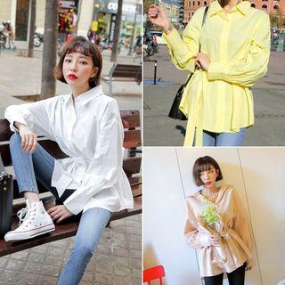 Balloon-sleeve Oversized Shirt With Sash