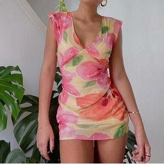 Sleeveless V-neck Floral Print Mesh Mini Dress