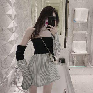 Striped Panel Off-shoulder Long-sleeve Top As Shown In Figure - One Size