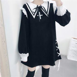 Long-sleeve Lace-up Mini Shift Dress