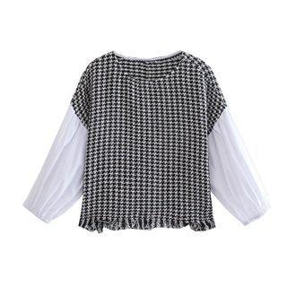 Long-sleeve Houndstooth Panel Fringed Blouse