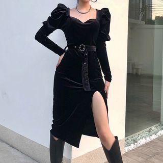 Long-sleeve Slit Midi Velvet Dress