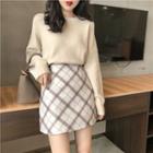 Plaid Mini A-line Skirt / Plain Sweater