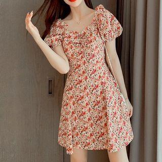 Puff-sleeve Chiffon Floral Print Dress