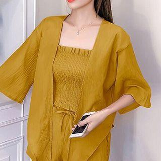 Set:plain Chiffon Cardigan + Plain Camisole Top + Plain Lace-up Wide-leg Shorts