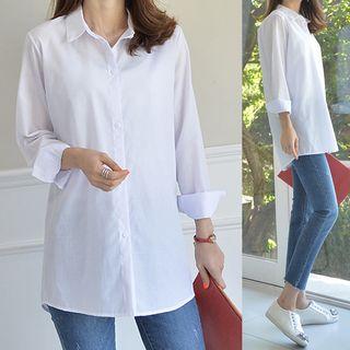 Button-cuff Plain Shirt White - One Size