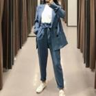 Double Breasted Striped Blazer / High-waist Tapered Dress Pants / Set