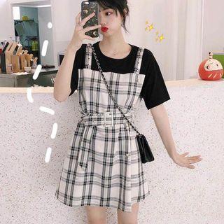 Mock Two Piece Plaid A-line Dress Black - One Size