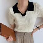 Short-sleeve Collared Two-tone Knit Top