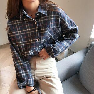 Stand-collar Long-sleeved Open-front Loose-fit Pocketed Gingham Sheath Blouse