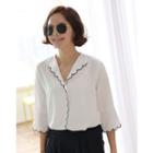 3/4-sleeve Scallop-edge Chiffon Blouse