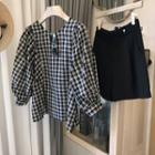 Puff-sleeve Plaid Blouse / Plain Dress Shorts