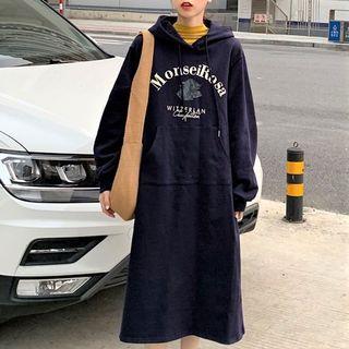 Lettering Print Drawstring Hoodie Dress