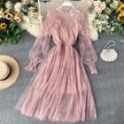 Balloon-sleeve Ruffled Sequined Midi A-line Mesh Dress